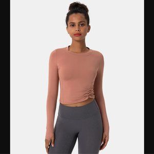 HALARA Crew Neck Thumb Hole Side Ruched Cropped Sports Top Size Large